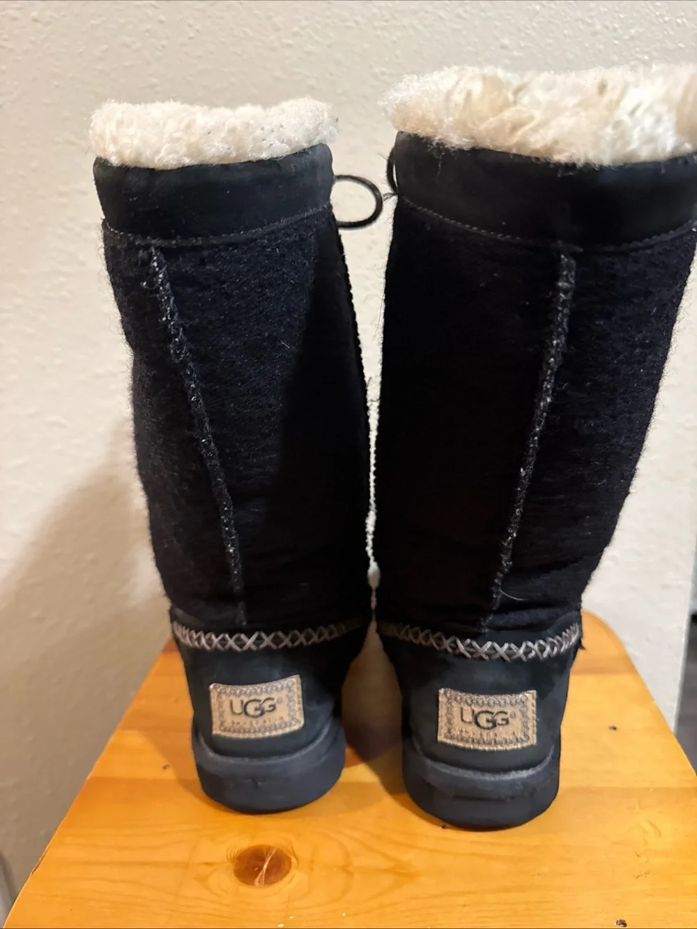 UGG Australia tall suede Black Winter Boots with Sherpa Trim and Pom Tie